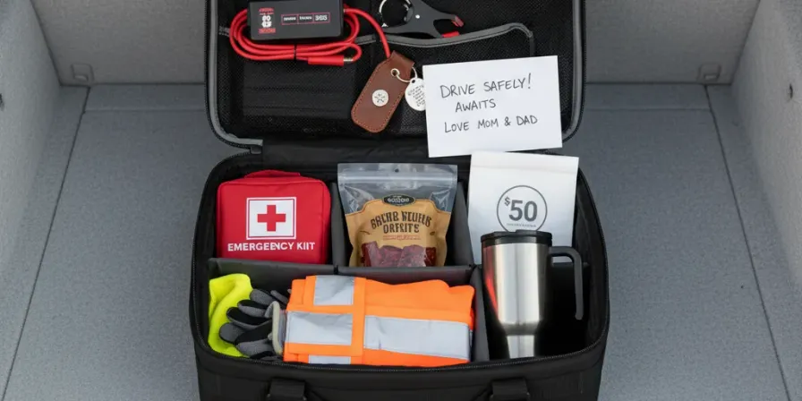 A neatly organized car trunk with emergency supplies and a quality phone mount installed