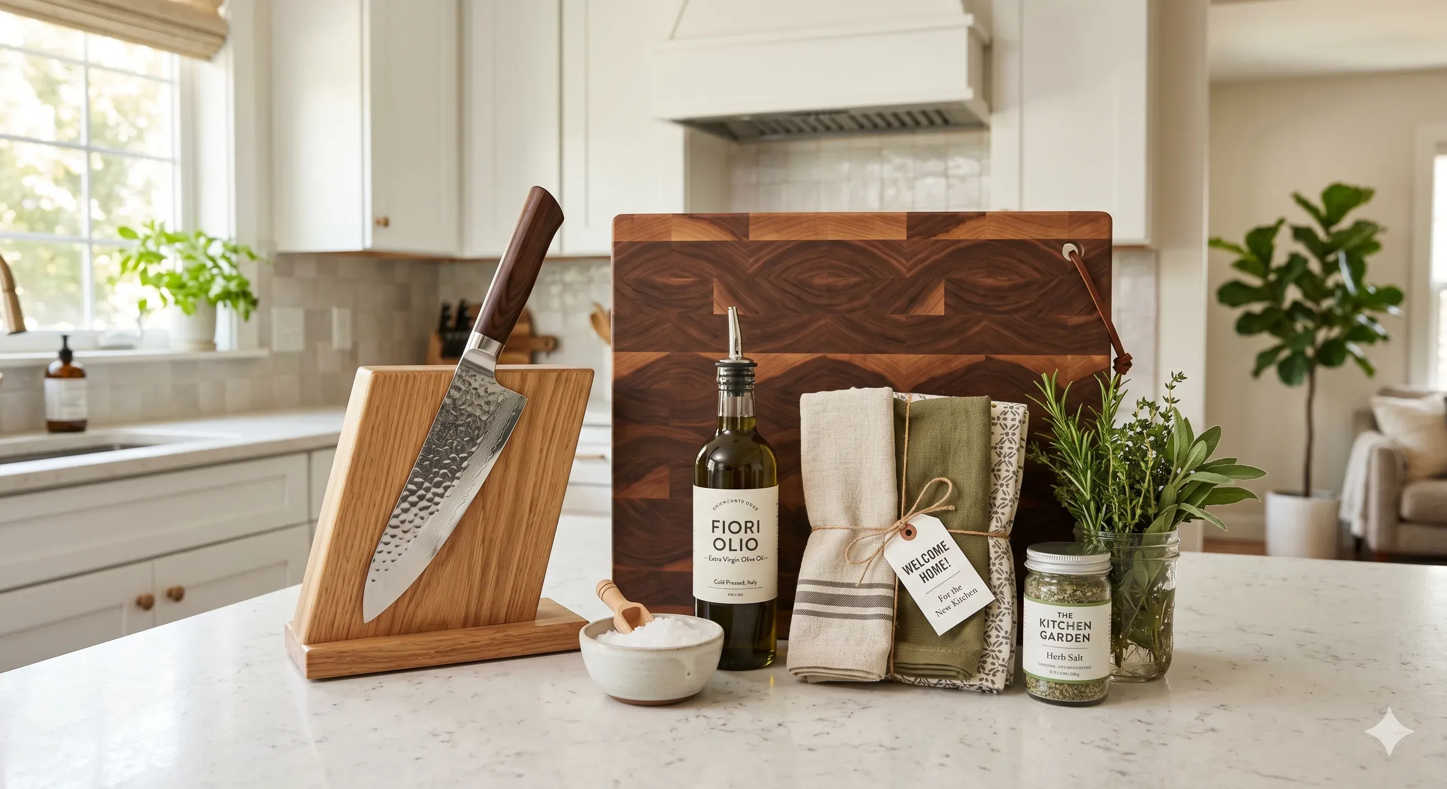 A collection of thoughtful housewarming gifts including a chef's knife, olive oil, and wooden cutting board arranged on a kitchen counter