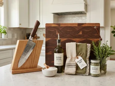 A collection of thoughtful housewarming gifts including a chef's knife, olive oil, and wooden cutting board arranged on a kitchen counter