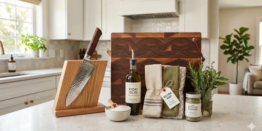 A collection of thoughtful housewarming gifts including a chef's knife, olive oil, and wooden cutting board arranged on a kitchen counter