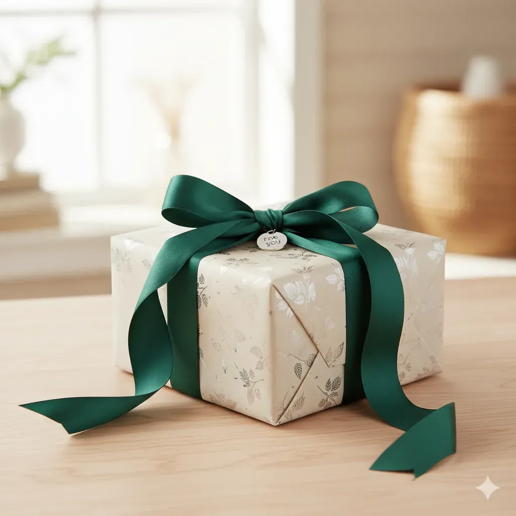 A beautifully wrapped gift box with a ribbon on a clean wooden surface