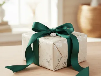A beautifully wrapped gift box with a ribbon on a clean wooden surface