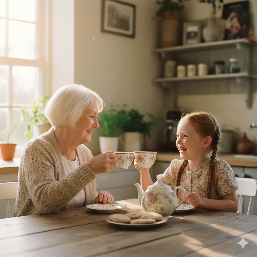 A grandmother and granddaughter sharing tea together at a sunny kitchen table
