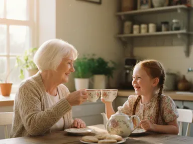 A grandmother and granddaughter sharing tea together at a sunny kitchen table