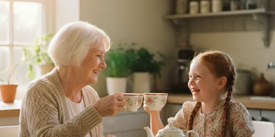 A grandmother and granddaughter sharing tea together at a sunny kitchen table