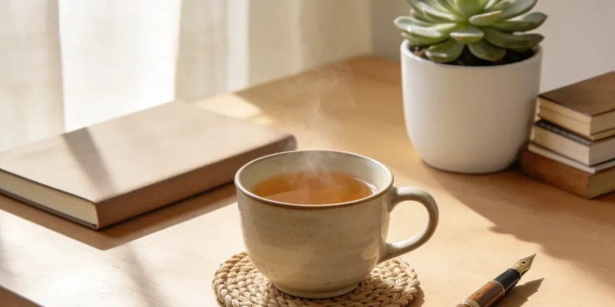 A calm, thoughtfully arranged workspace with a cup of tea and a small potted plant, conveying peaceful intention