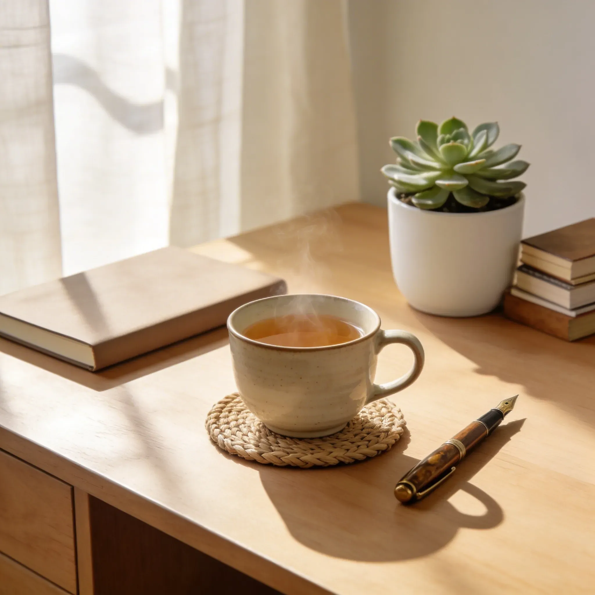 A calm, thoughtfully arranged workspace with a cup of tea and a small potted plant, conveying peaceful intention