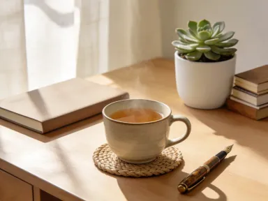 A calm, thoughtfully arranged workspace with a cup of tea and a small potted plant, conveying peaceful intention
