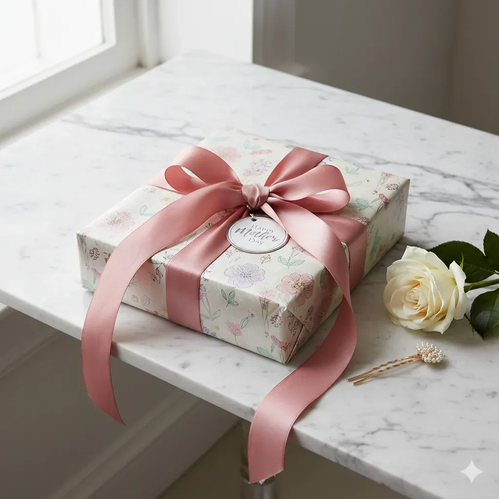A beautifully wrapped Mother's Day gift with a silk ribbon on a marble surface