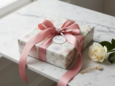 A beautifully wrapped Mother's Day gift with a silk ribbon on a marble surface