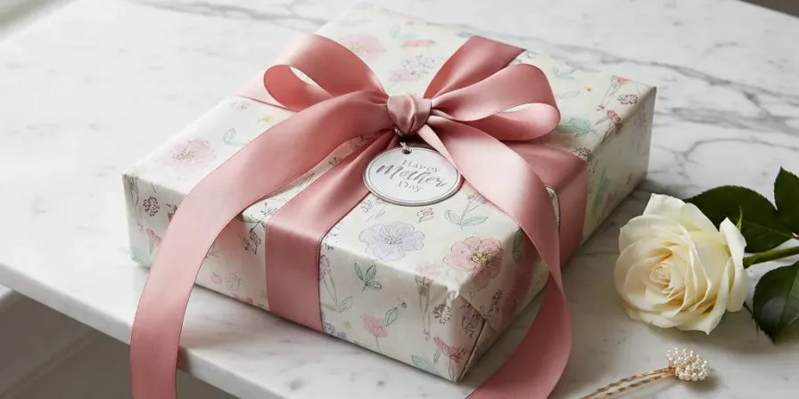 A beautifully wrapped Mother's Day gift with a silk ribbon on a marble surface