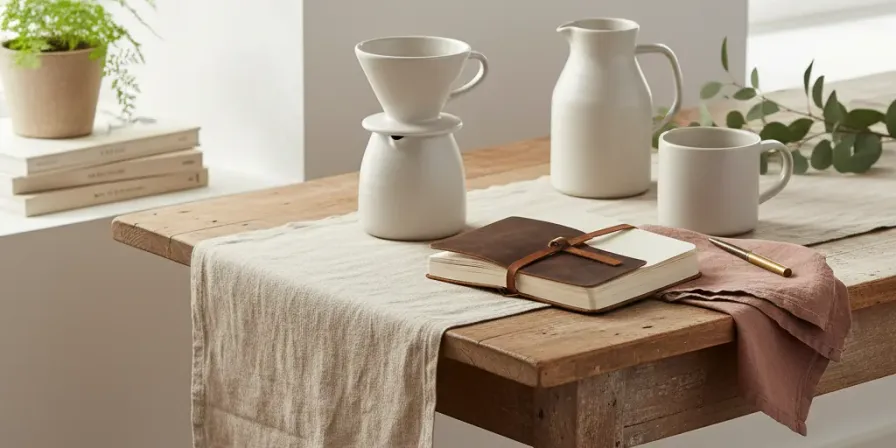 A beautifully styled gift table with curated items including ceramic coffee ware, linen textiles, and a leather journal