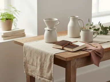 A beautifully styled gift table with curated items including ceramic coffee ware, linen textiles, and a leather journal