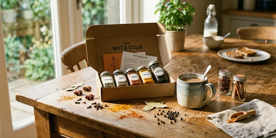 A wooden table with an open subscription box, scattered spices, a ceramic mug, and morning light