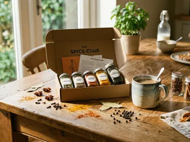 A wooden table with an open subscription box, scattered spices, a ceramic mug, and morning light