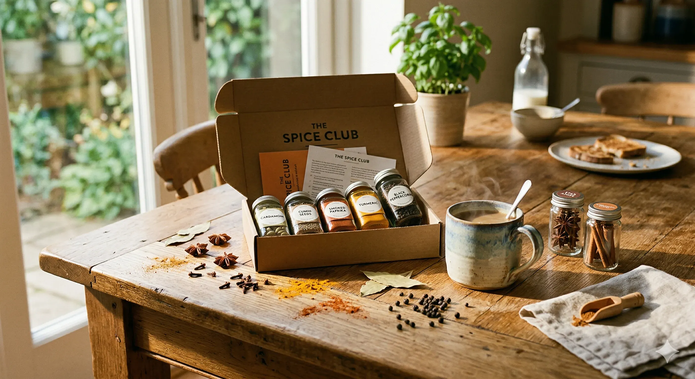 A wooden table with an open subscription box, scattered spices, a ceramic mug, and morning light
