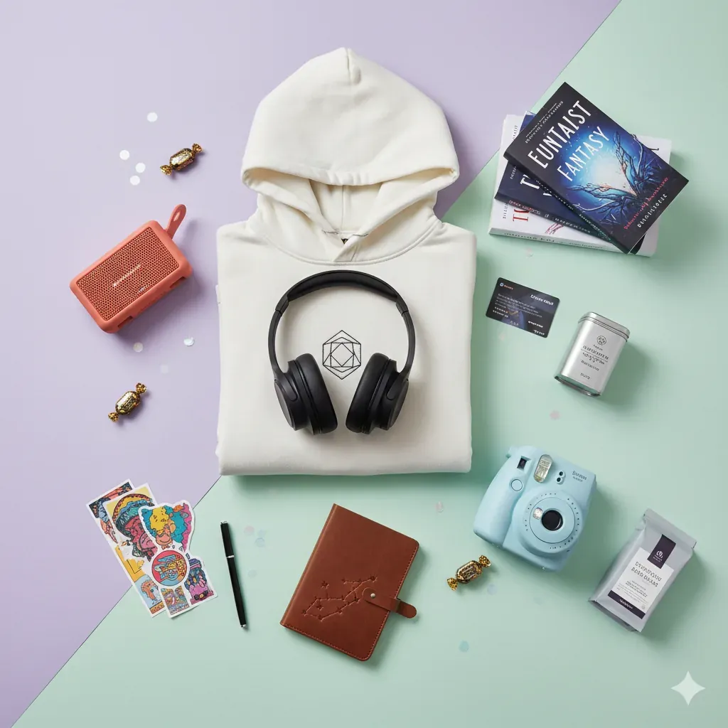 A collection of thoughtful birthday gift options for teenagers arranged on a pastel background