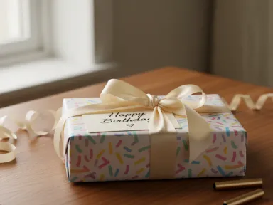 A beautifully wrapped birthday gift with a handwritten note on a wooden surface