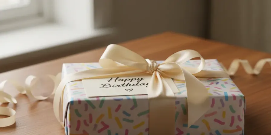A beautifully wrapped birthday gift with a handwritten note on a wooden surface