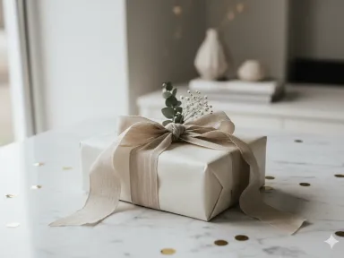 A beautifully wrapped wedding gift with a linen ribbon on a marble surface