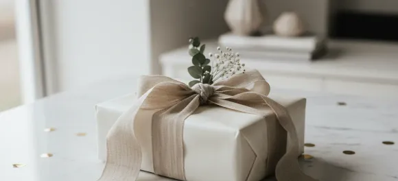 A beautifully wrapped wedding gift with a linen ribbon on a marble surface