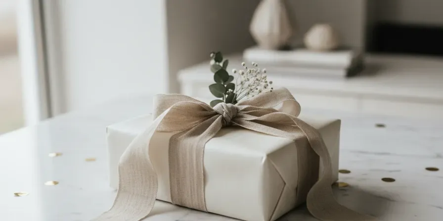 A beautifully wrapped wedding gift with a linen ribbon on a marble surface