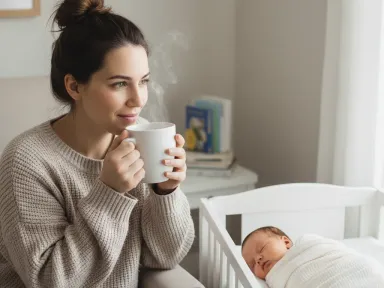 An exhausted but smiling new mom holding a coffee mug with her baby nearby