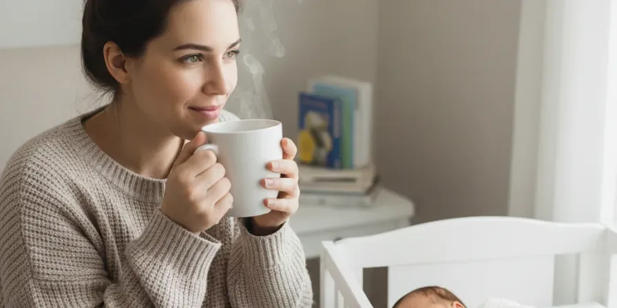 An exhausted but smiling new mom holding a coffee mug with her baby nearby